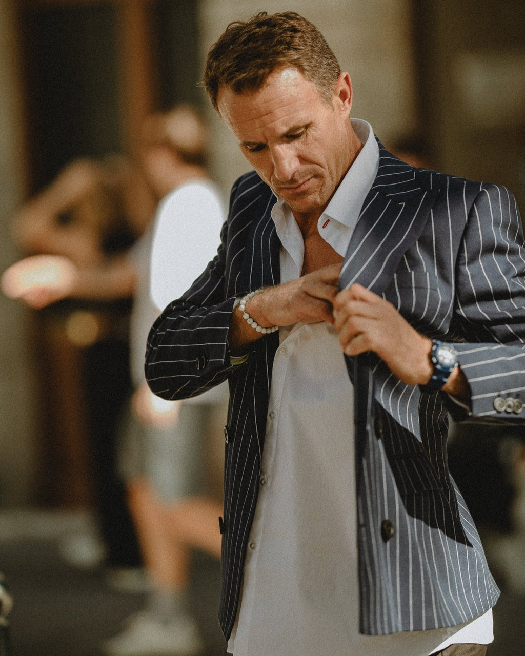 BLAZER CROISÉ BLEU MARINE A RAYURES